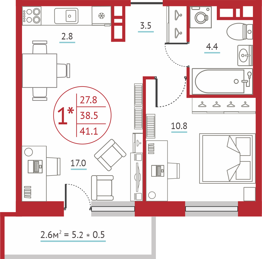 Квартира 2-комнатная-смарт 41.1 м², Западная резиденция, Литер 9, 3 этаж