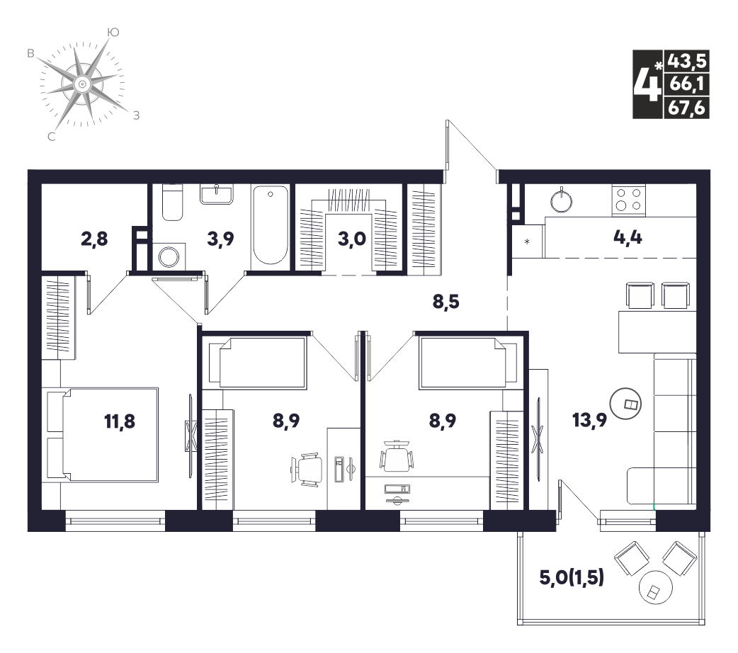 Квартира 4-комнатная-смарт 67.1 м², Мы, Дягилева, 4, 4 этаж