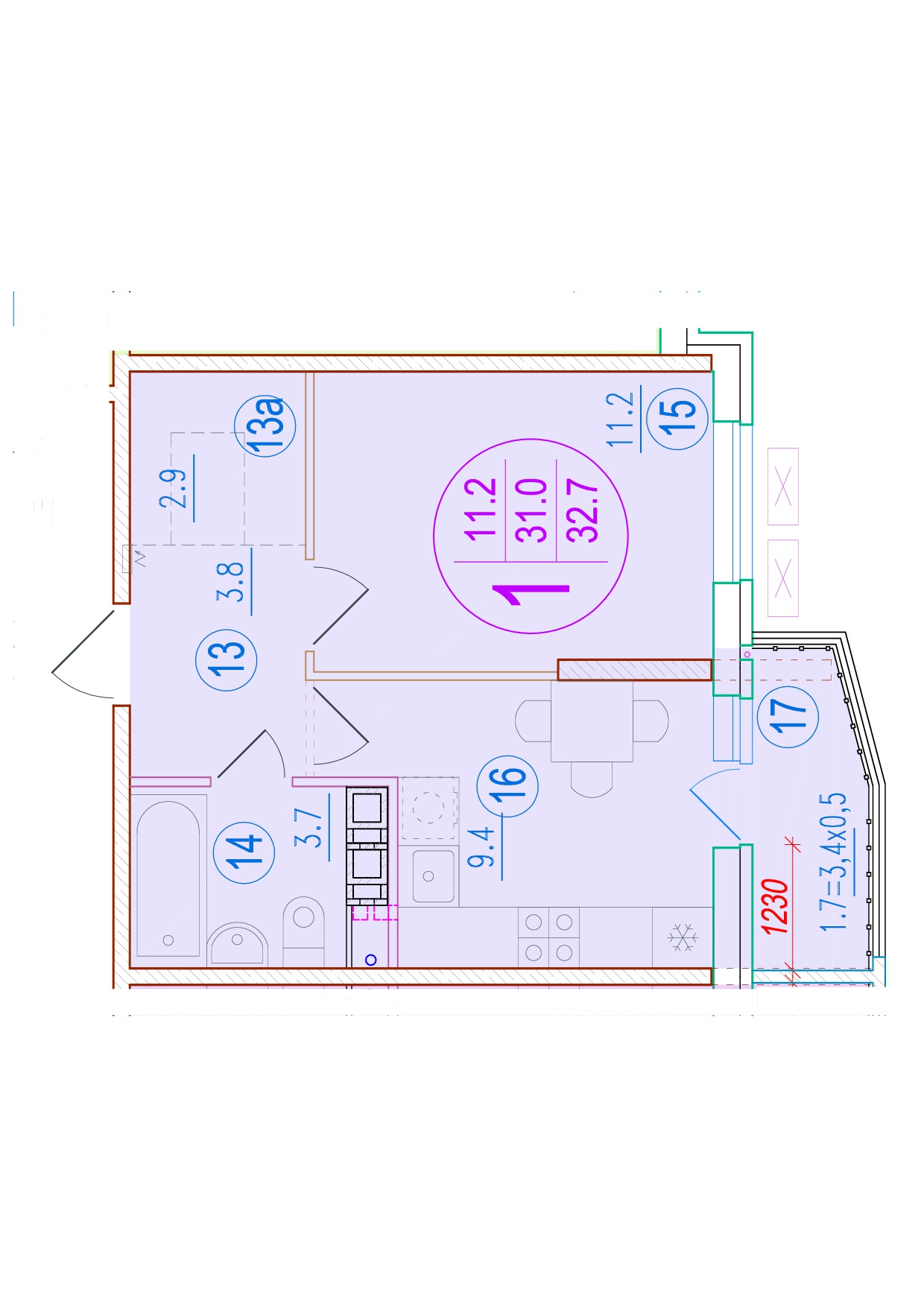 Планировка 1-комн. 3