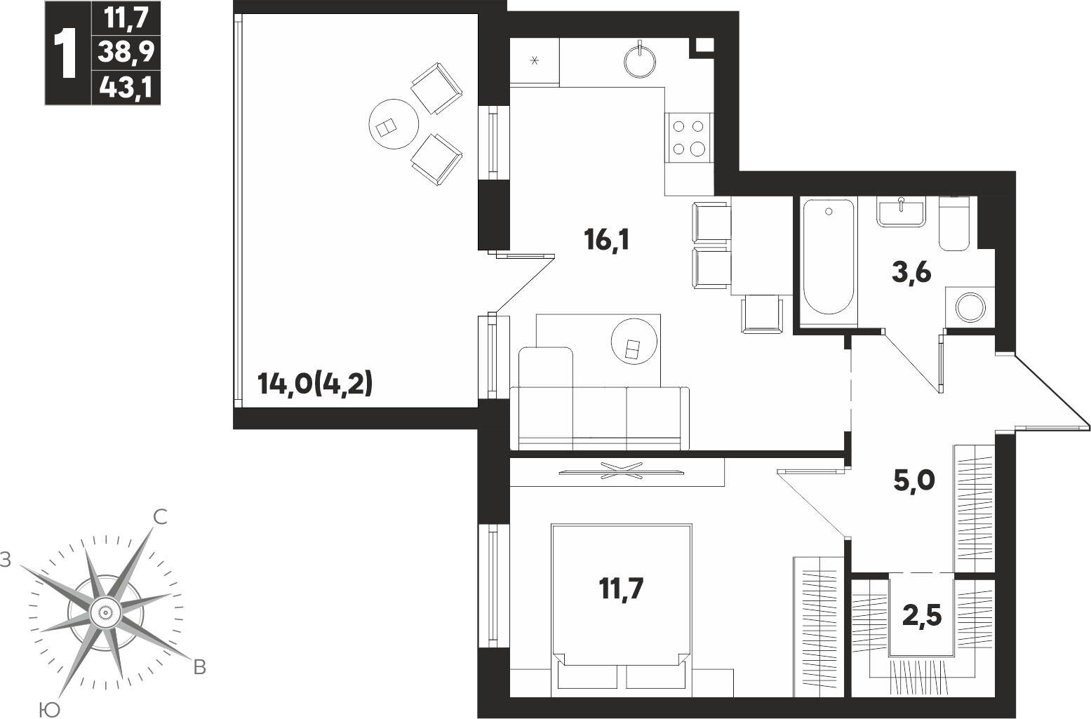 Квартира 1-комнатная 43.1 м², Мы, Парфенова, 5, 2 этаж