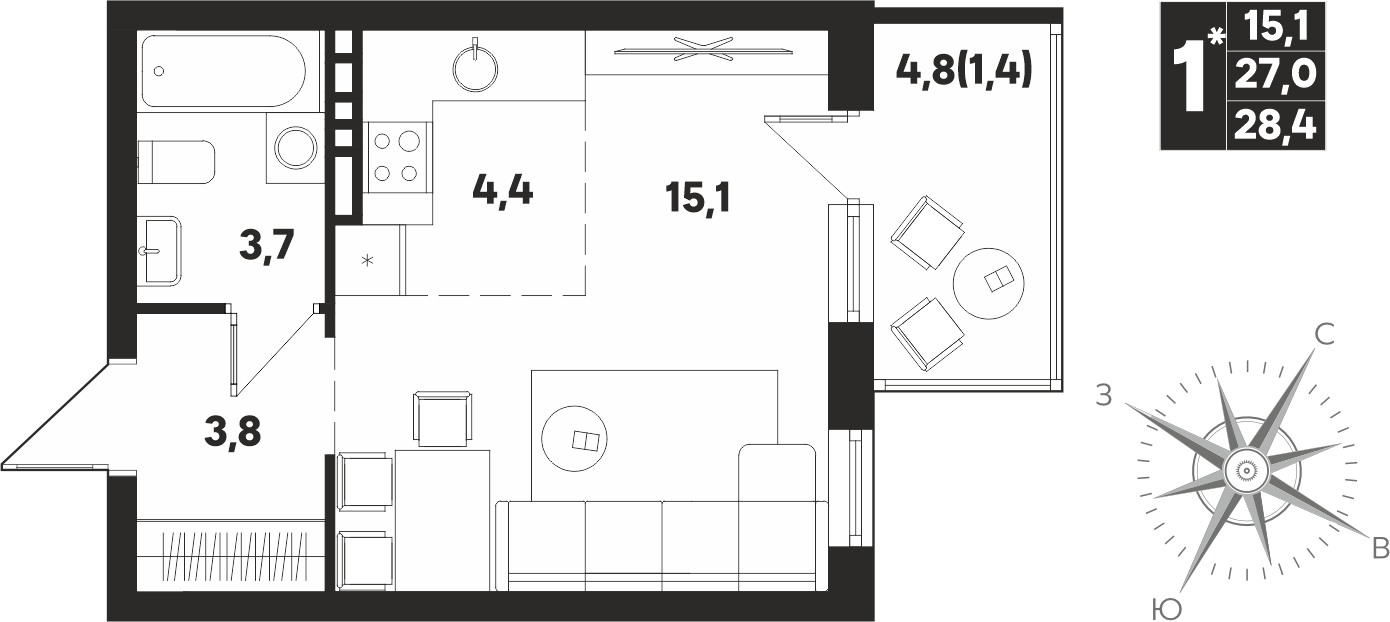 Квартира 1-комнатная-смарт 28.4 м², Мы, Парфенова, 5, 4 этаж