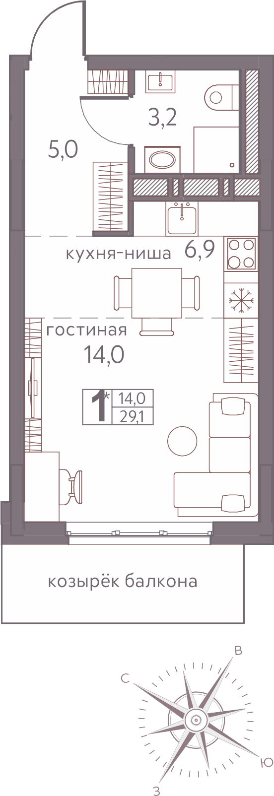 Квартира 1-комнатная-смарт 29.1 м², Погода, Серебристая 3А, 16 этаж