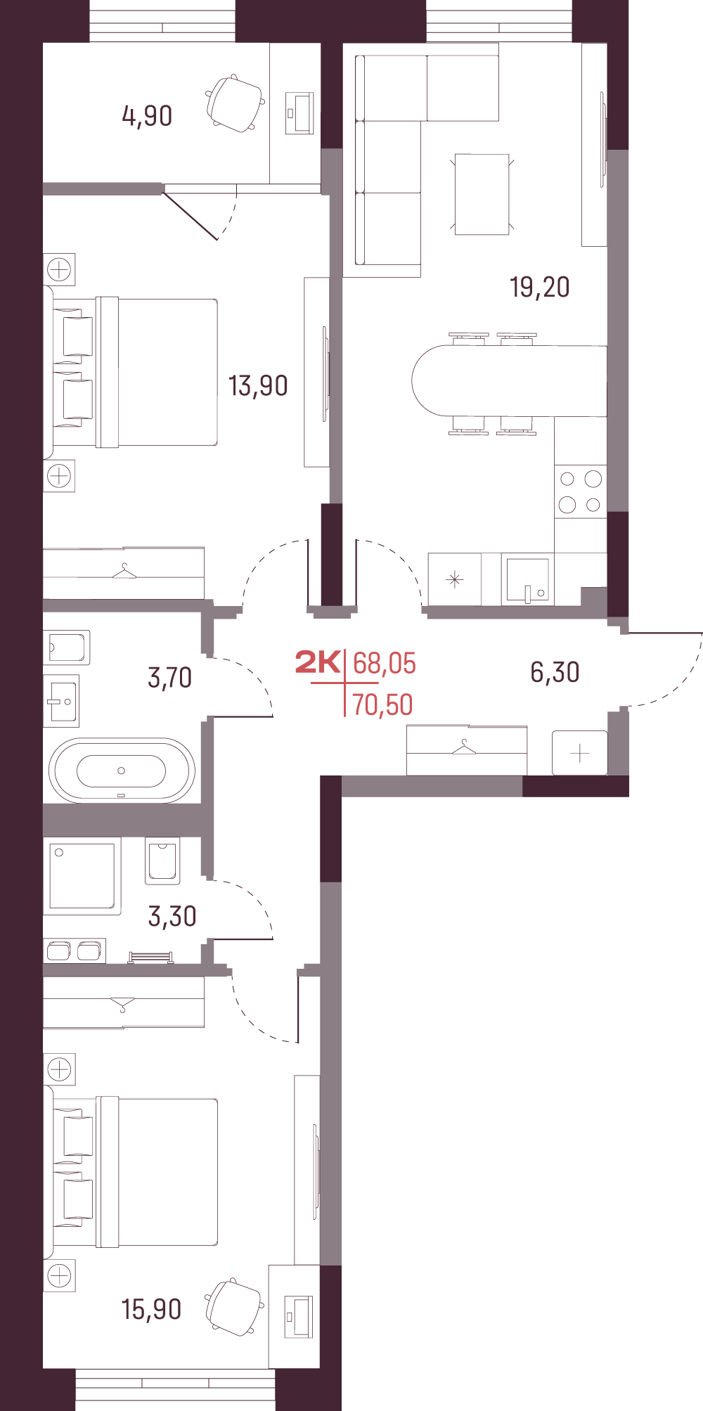 Квартира 2-комнатная 68.05 м², А +, Литер 1, 2 этаж