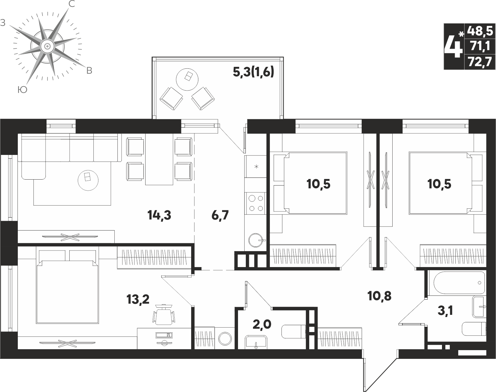 Квартира 4-комнатная-смарт 72.7 м², Мы, Парфенова, 5, 7 этаж