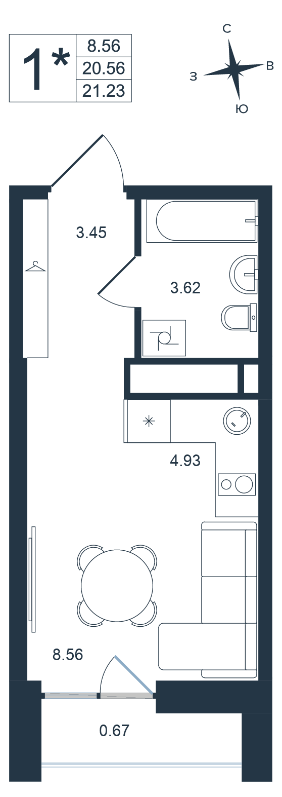 1-комнатная, 21.23 м², № 58 в Архитектор