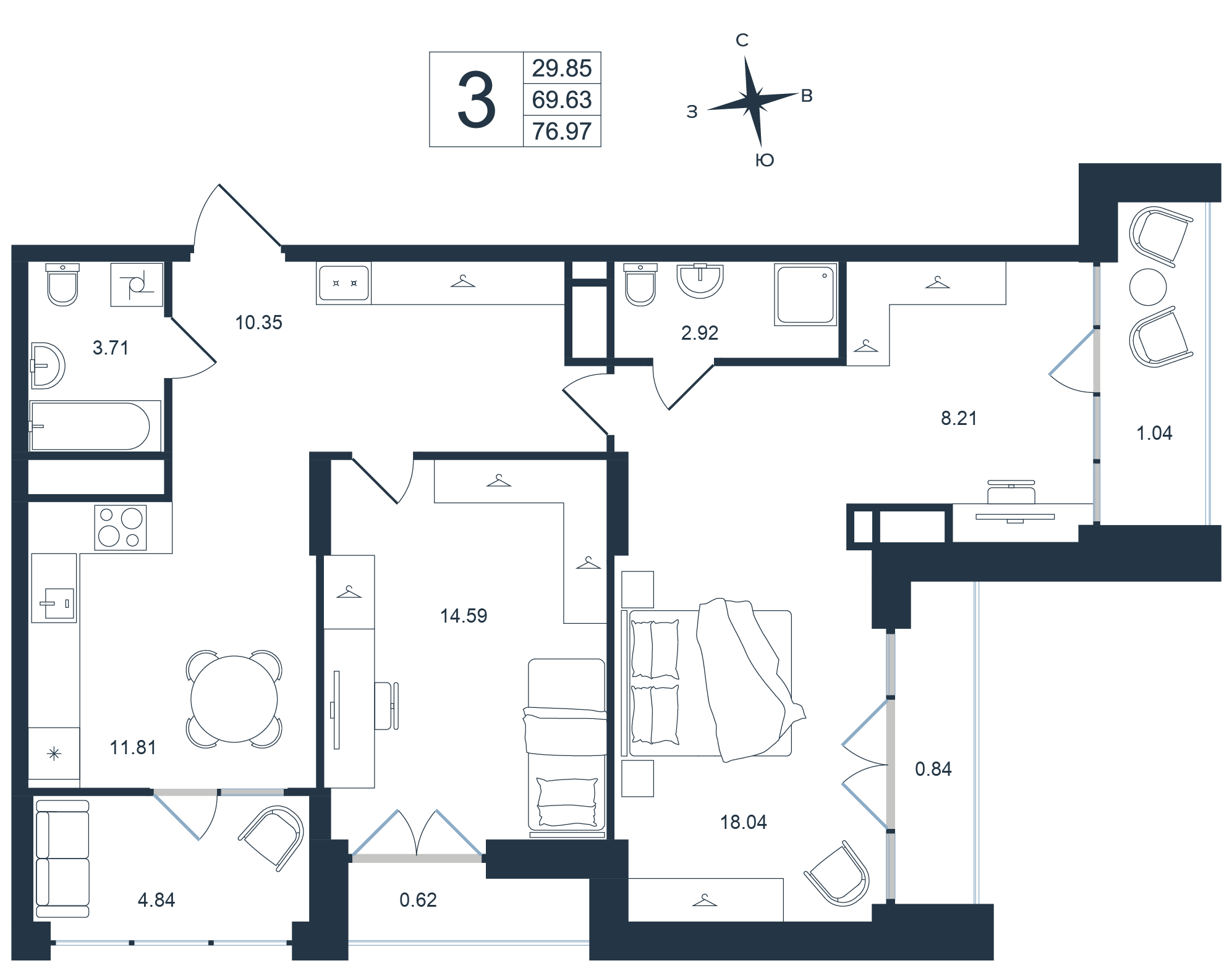 3-комнатная, 76.97 м², № 99 в Архитектор