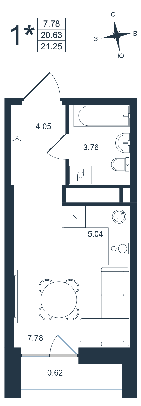 1-комнатная, 21.25 м², № 101 в Архитектор