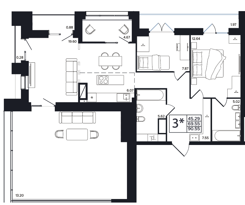 3-комнатная, 90.55 м², № 33 в Архитектор