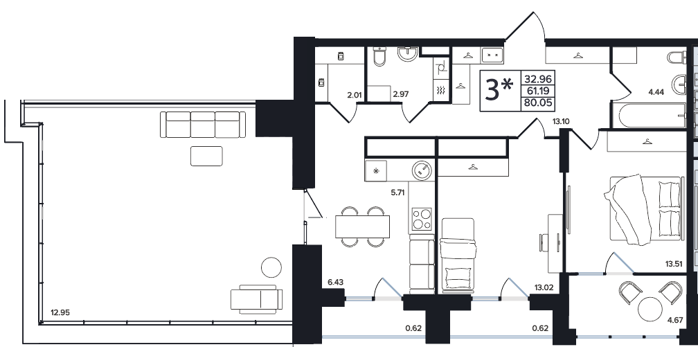 3-комнатная, 80.05 м², № 32 в Архитектор